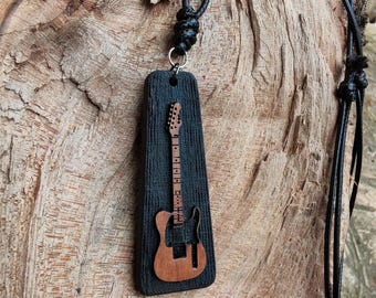 Burned Plum Wood  Guitar Necklace – Handmade Telecaster-Style Electric Guitar Pendant, Rock Music Jewelry