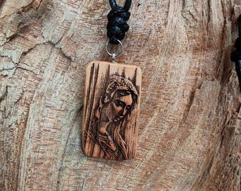 Personalized Plum Wood Virgin Mary Pendant Necklace, Catholic Keepsake, Engraved Devotional Jewelry