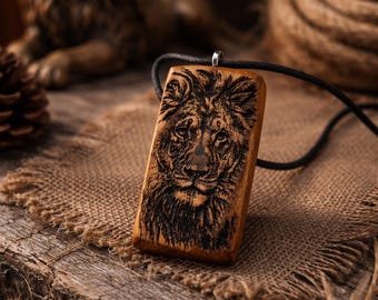 Apple Wood Lion Necklace, Burnt Wood Pendant, Handmade Rustic Strength Jewelry Gift