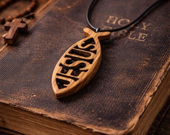 Olive Wood IHS Necklace, Christian Fish Pendant, Handmade Religious Jewelry Gift