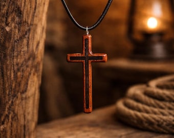 Wood Cross Pendant, Minimalist Wooden Necklace, Religious Gift for Him