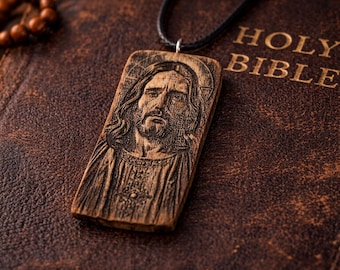 Jesus Necklace, Olive Wood Pendant, Handmade Christian Faith Jewelry Gift