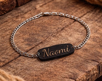 Personalized Burnt Wood Name Bracelet, Custom Engraved Minimal Chain Jewelry Gift
