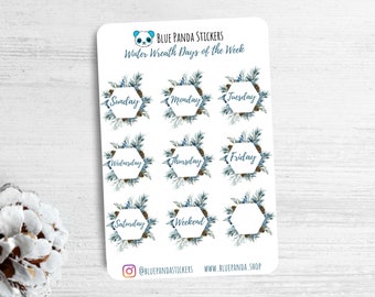 Winter Wreath Days of the Week Aesthetic Sticker Sheet, Cute Planner and Bullet Journal Stickers, Stickers, Stationery