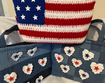 Hand Crocheted Purse.  American Flag, Patriotic, Semiquincentennial, July 4th, Flag Day. And, Reclaimed Denim Patchwork Purse.