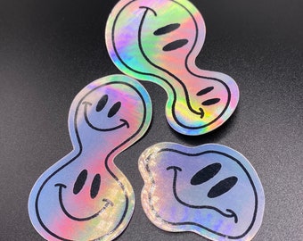 Holographic Sticker Pack Stretched Smiley Face || Trippy Smiley Face Holographic Vinyl Sticker || Retro Happy Face Sticker