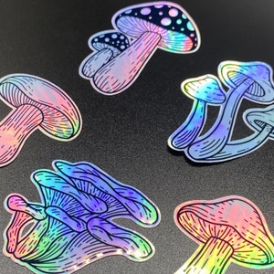 Holographic Mushroom Vinyl Sticker Set || Trippy Stickers || Fungi Mushroom Art Stickers || Hippie Stickers || Psychedelic Sticker Packs