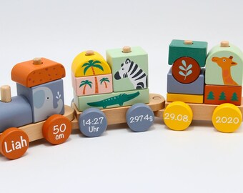 Tren de animales Safari tren de madera personalizado con nombre y fechas de nacimiento - bebé - regalo de bebé e idea de regalo para baby shower y nacimiento