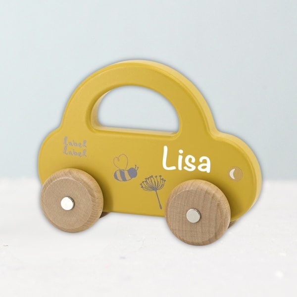 Gepersonaliseerde houten auto met naam - geel - label label - babycadeau voor geboorte - cadeau voor baby's - verjaardagscadeau voor kinderen