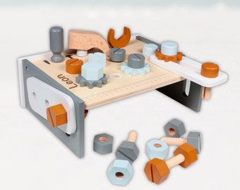 Tavolo da lavoro creativo per giocattoli in legno - Personalizzato con il nome dei bambini | Panca capolavoro Tryco | Regalo ideale per il primo compleanno