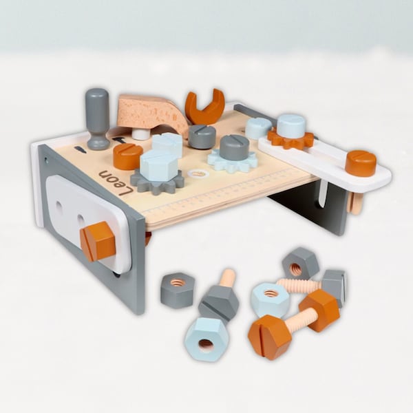 Kreatives Holzspielzeug Werkbank Tisch - Personalisiert mit Kindernamen | Tryco Meisterwerkbank | Ideales Geschenk zum 1. Geburtstag