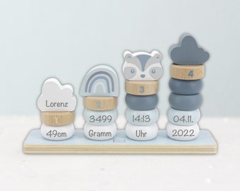 Anneaux empilables bleus personnalisés avec dates et noms de naissance | Cadeau bébé pour la naissance | Idée cadeau jouet en bois garçon | Individuellement