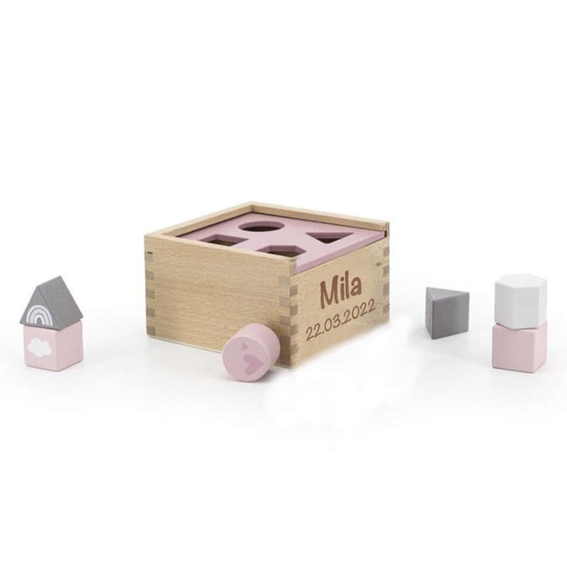 Idea regalo bimbo, idea regalo in rosa, trenino, torre impilabile, pista per biglie, macchina, gioco a incastro, date di nascita nome compleanno bimba in legno Steckspiel Box