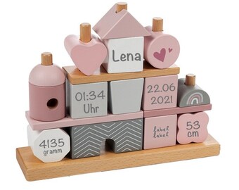 Stapel - Steckspiel haus personalisiert mit Geburtsdaten und Namen - rosa - Label-Label - Babygeschenk zur Geburt - Mädchen