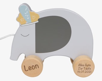 Cadeau de baptême éléphant animal à tirer nom personnalisé - Tryco - cadeau de baptême avec gravure - fille et garçon jouet voiture gravure laser