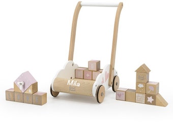 Baby walker with building blocks personalized with name in pink - educational & motor skills toys for girls