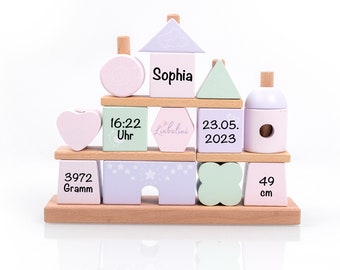 Steckspiel Haus rosa bedruckt personalisierbar | Liebelini | Personalisiert mit Geburtsdaten | Babygeschenk zur Geburt für Mädchen Baby