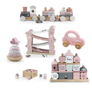 Geschenkidee Baby Kind, Geschenkidee in Rosa, Eisenbahn, Stapelturm, Kugelbahn, Auto, Steckspiel, Geburtsdaten Name Geburtstag Holz Mädchen Bild 1