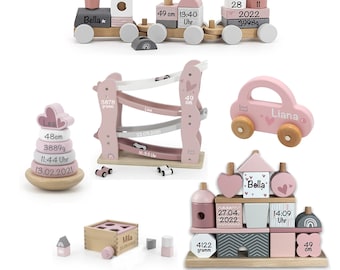 Gift idea baby child, gift idea in pink, train, stacking tower, marble run, car, plug-in game, birth dates name birthday wooden girl