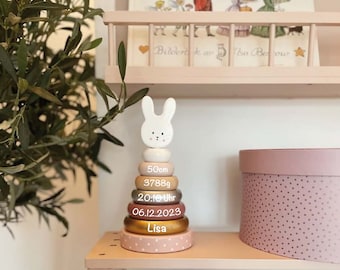 Personalisierter Stapelturm Hase mit Geburtsdaten und Namen | JaBaDaBaDo | Babygeschenk zur Geburt - Geburtsgeschenk für Babys, Kinder