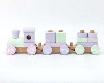 Eisenbahn Holzzug personalisiert mit Geburtsdaten und Namen - rosa mint - Liebelini - Babygeschenk zur Geburt - Mädchen