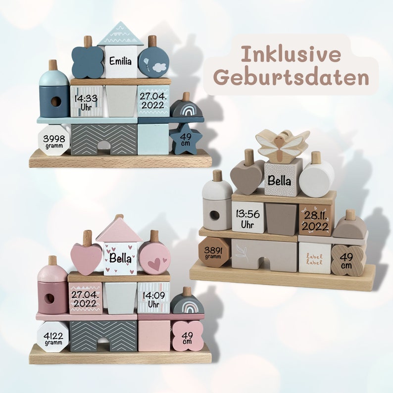 Personalisiertes Geburtsgeschenk Baby Haus bedruckt personalisierbar Babygeschenk Geburt Geburtsgeschenk Kind Geschenkidee Kind Holz Bild 1