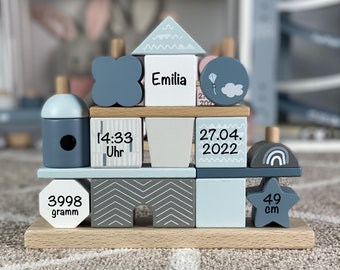Personalisiertes Stapel – und Steckspiel Haus - blau | bedruckt personalisierbar | Babygeschenk | Geburtsgeschenk