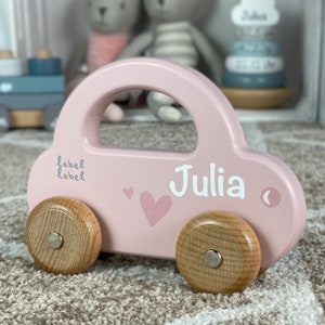 Wooden toy car with name - pink - label label - baby gift birth - gift for baby - birthday gift girl personalized