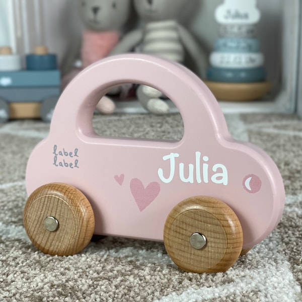 Coche de juguete de madera con nombre - rosa - etiqueta - nacimiento de regalo de bebé - regalo para bebé - regalo de cumpleaños niña personalizada