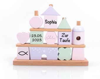 Taufgeschenk für Mädchen Steckspiel Haus rosa bedruckt | Liebelini | Personalisiert Taufdaten | Geschenk zur Taufe Kommunion Mädchen Baby