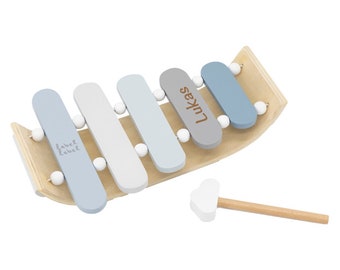 Xylophone instrument de musique en bois pour enfants bleu | Gravé au laser personnalisé avec le nom de l'enfant ou du bébé | Cadeau d'anniversaire musical