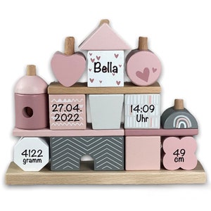 Idea regalo bimbo, idea regalo in rosa, trenino, torre impilabile, pista per biglie, macchina, gioco a incastro, date di nascita nome compleanno bimba in legno Steckspiel Haus