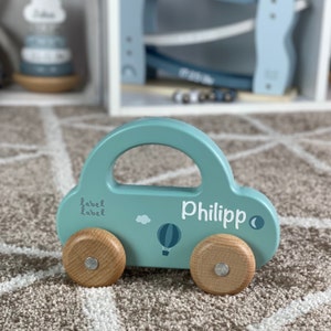 Wooden toy car with name - green - label label - baby gift for birth - gift for babies - birthday gift boy personalized