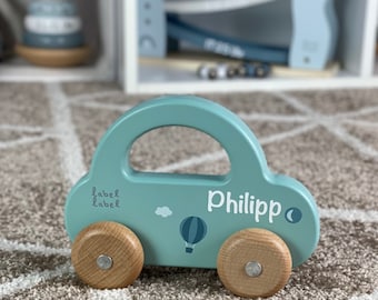 Wooden toy car with name - green - label label - baby gift for birth - gift for babies - birthday gift boy personalized