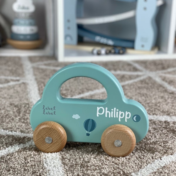 Holz-Spielzeug Auto mit Namen - grün - Label-Label - Babygeschenk zur Geburt - Geschenk für Babys - Geburtstagsgeschenk Junge personalisiert