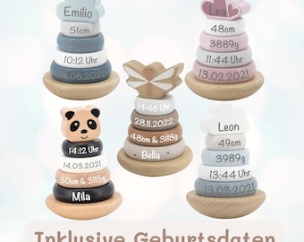 Torre impilabile con date di nascita personalizzate nome bambino - blu, nocciola, rosa, verde regalo nascita bambino - idea regalo giocattolo in legno ragazzo ragazza