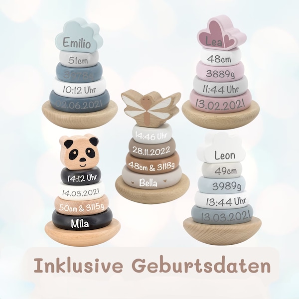 Stapelturm personalisiert Geburtsdaten Name Baby - Blau, Nougat, Rosa, Grün Babygeschenk Geburt - Geschenkidee Holzspielzeug Junge Mädchen