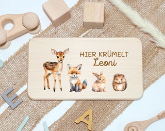 Breakfast board personalized baby forest animals, children's wooden board, gift for a birth, birthday for children baby, wood crumbles here
