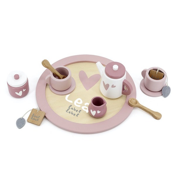 Holz Küchenzubehör Tee-Set rosa | Label-Label | Personalisiert mit Namen | Geschenk für Mädchen