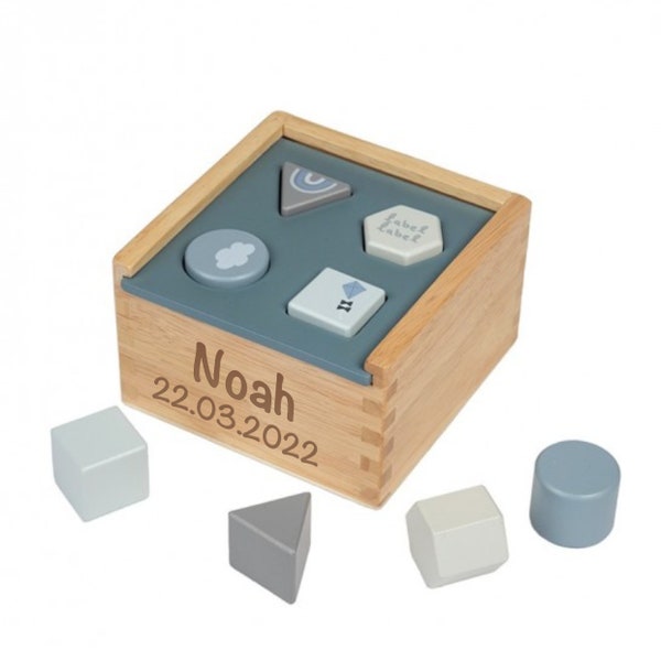 Personalisiertes Formen- Steckspiel Sortierspiel Box blau | Label-Label | Name Geburtstag von Kind Baby | Geschenk für Jungs - Lasergravur