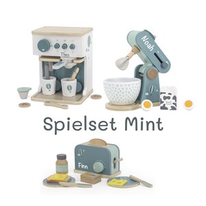 Playset of 3 mint food processors, espresso coffee machine, mixer and toaster | BellasDream | Personalized with name | Gift for boys