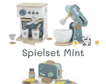 Playset of 3 mint food processors, espresso coffee machine, mixer and toaster | BellasDream | Personalized with name | Gift for boys