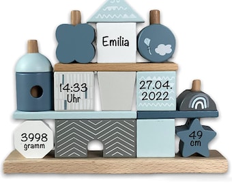 Geschenk zur Geburt mit Geburtsdaten - Personalisiertes Stapel – und Steckspiel Haus - blau | bedruckt personalisierbar Geburtsgeschenk Baby