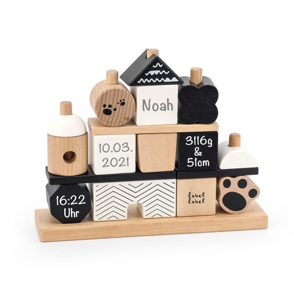 Stapel - Steckspiel Haus personalisiert mit Geburtsdaten und Namen - Panda - Label-Label - Babygeschenk zur Geburt - Mädchen & Junge