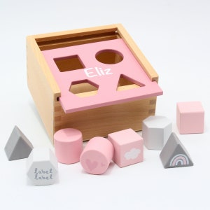 Personalisierte Formen- Steckspiel Box in rosa | Label-Label | Mit Name vom Kind oder Baby | Geschenk für Mädchen