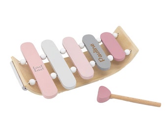 Xylophone instrument de musique en bois pour enfants rose | Gravé au laser personnalisé avec le nom de l'enfant ou du bébé | Cadeau d'anniversaire musical