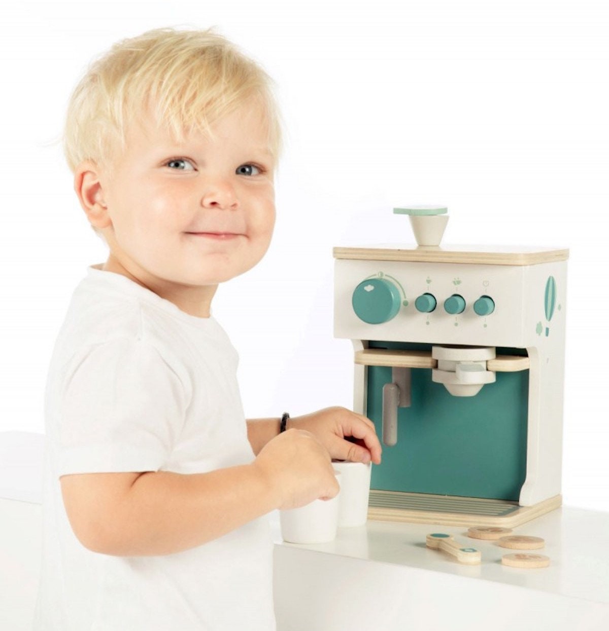 Wooden Kitchen Accessories Espresso Coffee Machine Mint Green Label Label  Personalized With Name Gift for Toddlers 