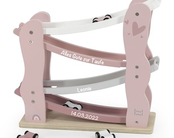 BellasTraum Taufgeschenk Kugelbahn Autos rosa - personalisierbar I Geschenk zur Taufe I Personalisierte Taufgeschenke Baby Name Taufdatum