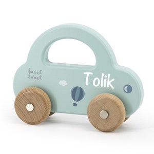 Holz-Spielzeug Auto mit Namen grün Label-Label Babygeschenk zur Geburt Geschenk für Babys Geburtstagsgeschenk Junge personalisiert Bild 3