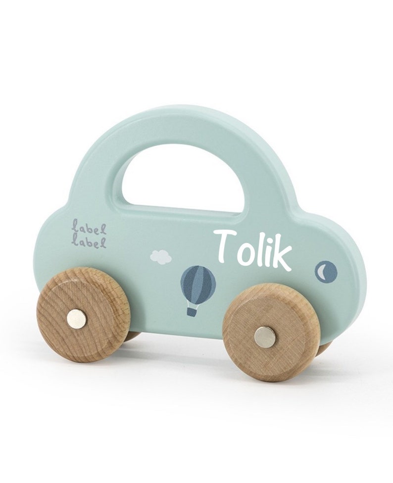Holz-Spielzeug Auto mit Namen grün Label-Label Babygeschenk zur Geburt Geschenk für Babys Geburtstagsgeschenk Junge personalisiert Bild 3